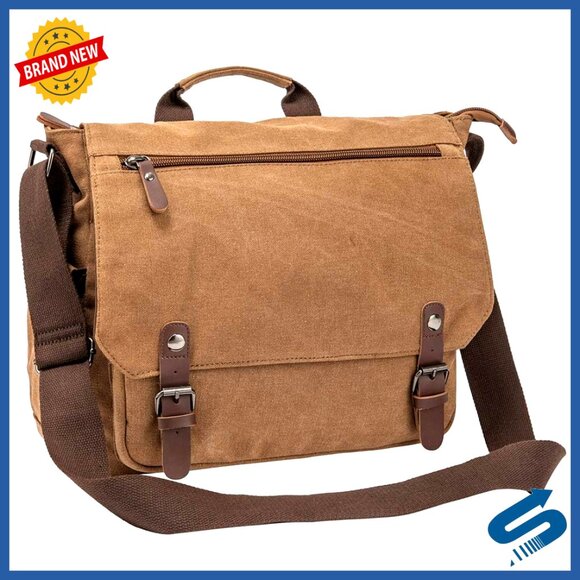 Vintage Leather Canvas Briefcase Large Satchel Rugged Laptop Bag 15.6 Inch